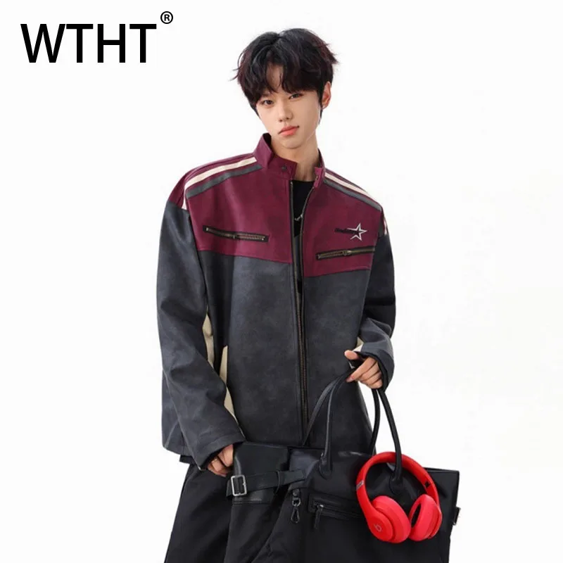 

WTHT винтажные мужские кожаные пальто контрастного цвета, модные осенние куртки с воротником-стойкой и длинными рукавами 2023, мужские 2A2002