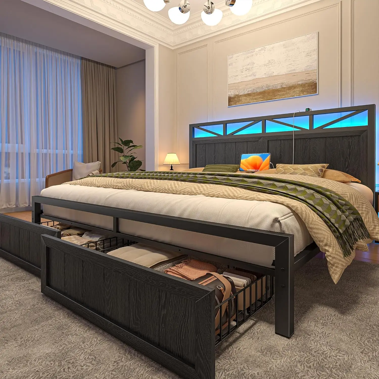 King Bed Frame Metal with 2 Storage Drawers, Wooden Headboard with LED Lighting & Charging Station, Bedroom,, Customized