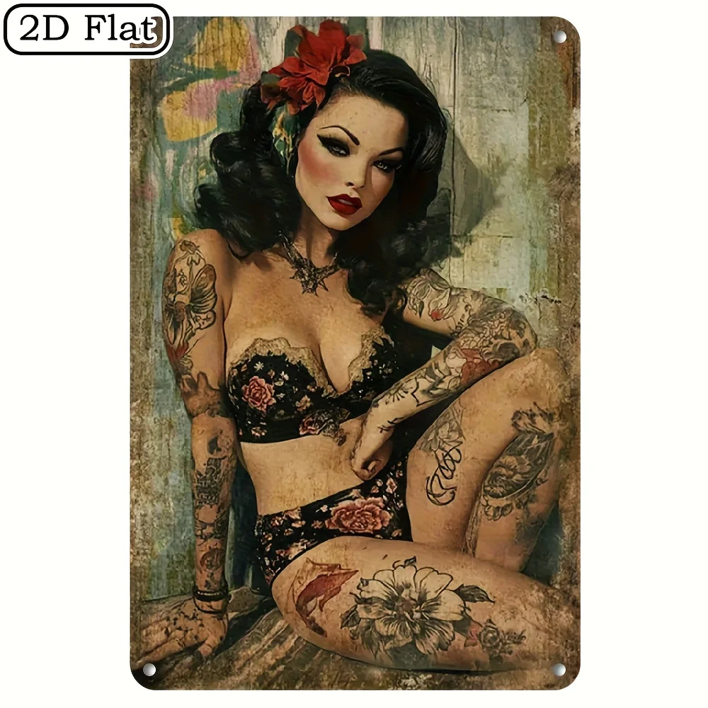 （2D Tin painting）Vintage Pin-Up Girl Metal Wall Art Sign - Retro Tattoo Woman with Floral Underwear & Red Lips, 1940s-50s Sty