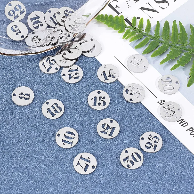 5PC Flat Round with Number 1~31 Charm Stainless Steel Charm Lucky Numbers Pendants for DIY Jewelry Making Stainless Steel Color