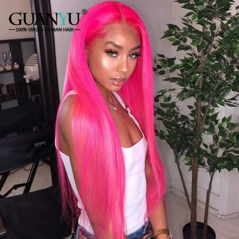 

Hot Pink Colored Human Hair Wigs 13x4 Lace Frontal Wig Brazilian Silky Straight Hair Lace Front Wigs for Black Women Pre Plucked