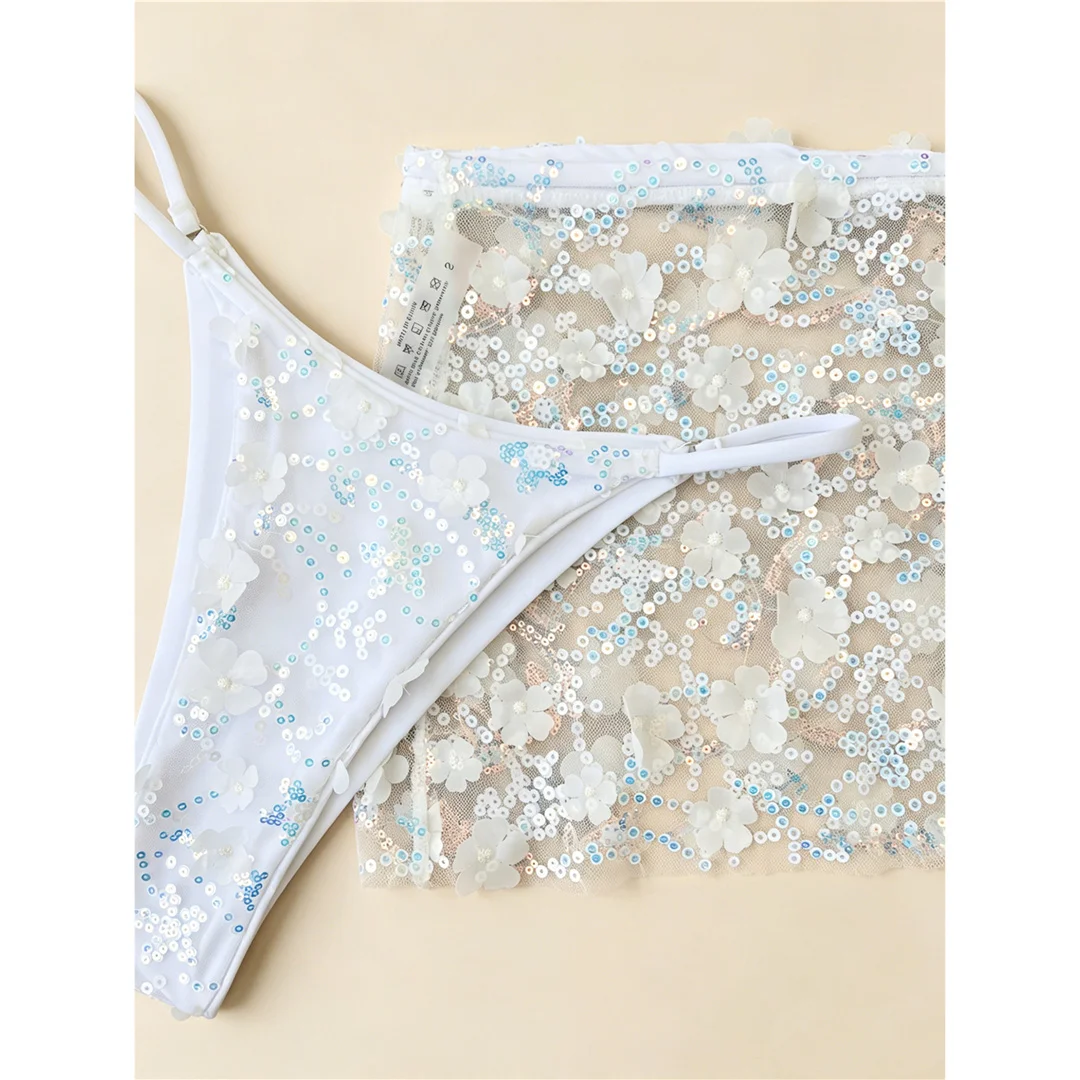 S - XL Dreiteiliges Bikini-Set mit Rock, Blumen, Pailletten, Damen-Bikini, Badeanzug, Badebekleidung, Badeanzug, Schwimmbekleidung V7864 – Detail 11