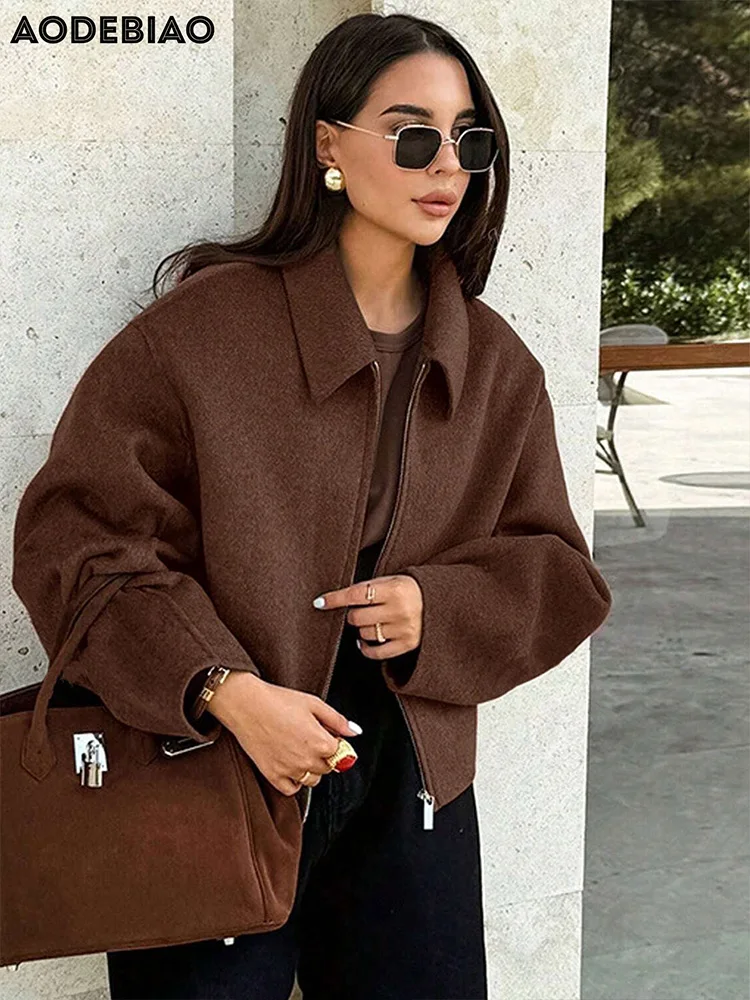 AODEBIAO Woolen Coat Women Autumn Winter Long Sleeves Fashion Cardigan Solid Coat Keep Warm Casual Everyday Wear Vintage Coat