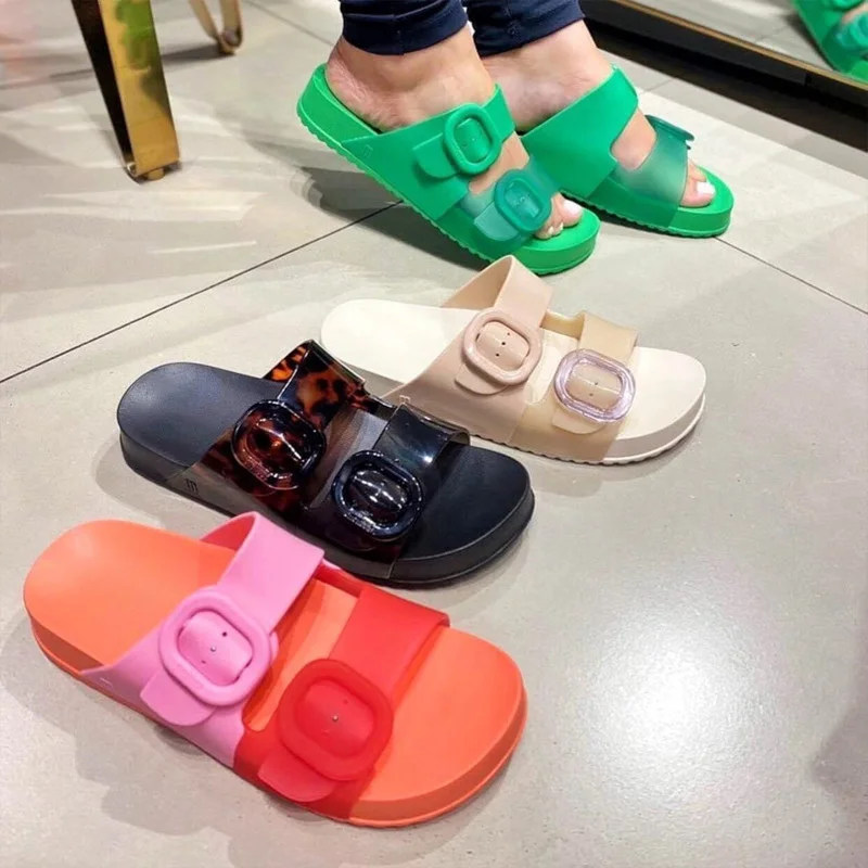 

Double Button Slippers For Women Sweet Color-matching Candy Color Flat Shoes 2024 Casual Fashion Ladies Girls Beach Slides