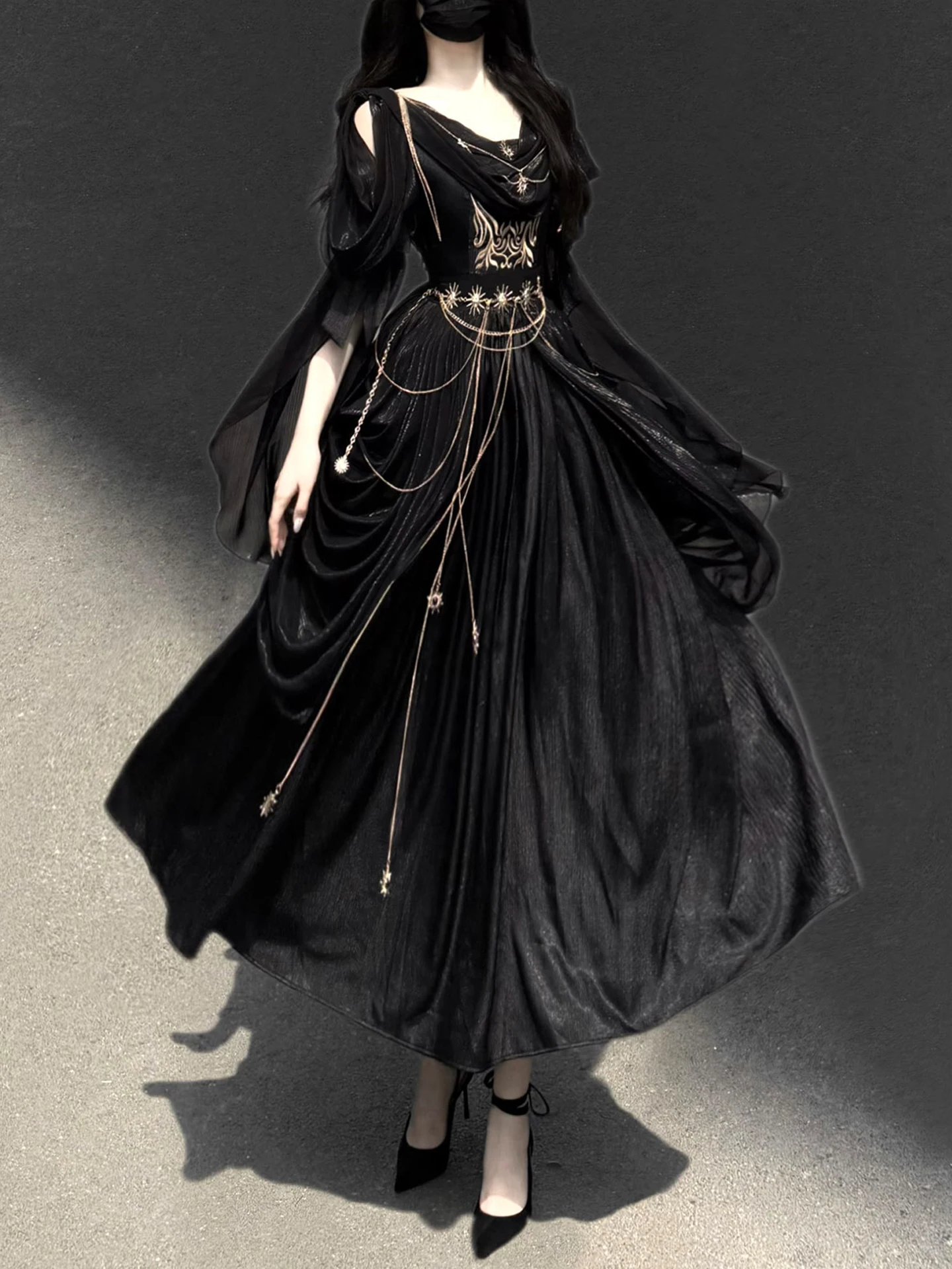 

Original Night Messenger Lolita Dark Style Empire Wind Long Skirt Dress Elegant Spring Autumn Women's OP One-Piece Dress