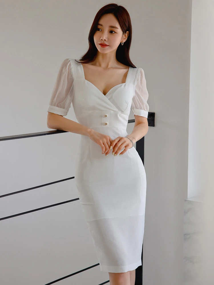 

Fashion Summer Formal Occasion Dress Women Elegant Office Chic Sexy Deep V-Neck Puff Sleeve Slim Midi Party Mujer Vestido Street