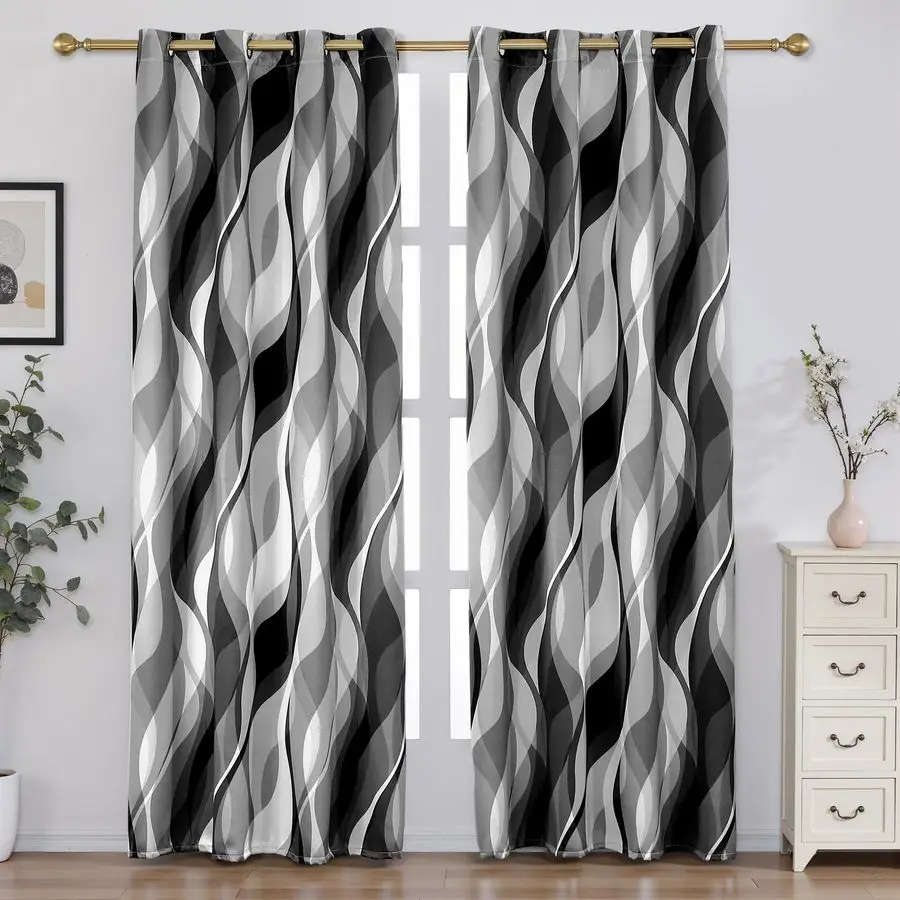 

Black and Grey Blackout Curtains Modern Striped Decorative 100 Light Blocking Darkening Grommet Grey Curtain for Living Room Vil