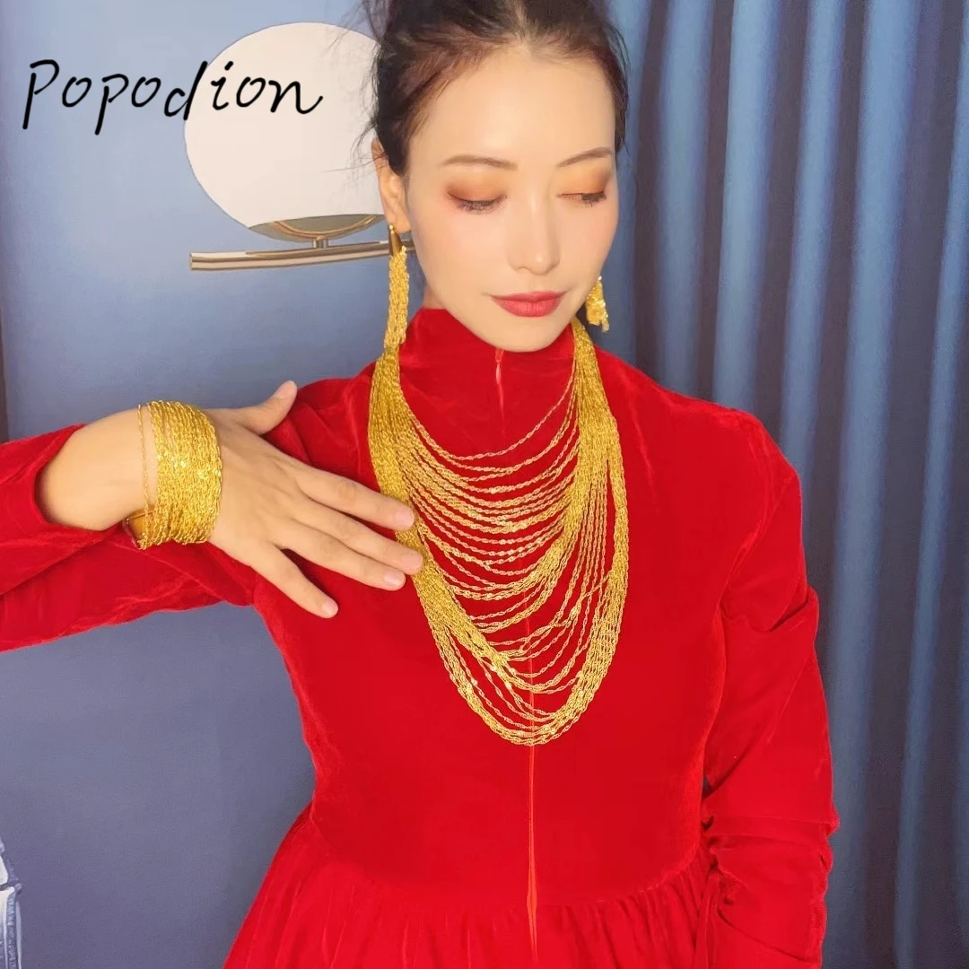 New 14K Gold Plated Dubai Bridal Jewelry Tassel Necklace Earrings Bracelet Women's Fashion Accessories  G0001