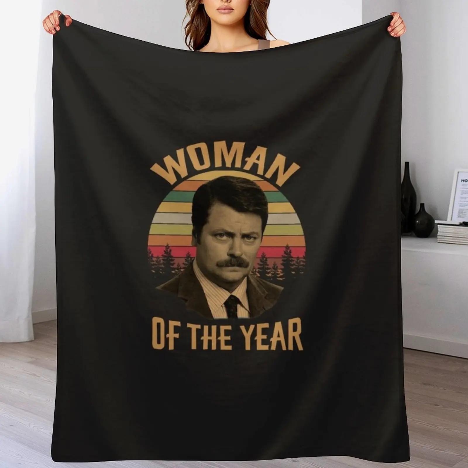 

Woman of The Year Vintage Retro Ron Swanson Parks and Recreation Classic T-Shirt Throw Blanket funny gift Flannels Blankets