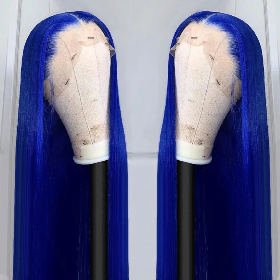 Parrucca in pizzo blu Parrucca anteriore in pizzo dritto con osso HD Trasparente Pre pizzicata 13X4 Parrucche frontali in pizzo Sintetico Pronto per andare perruque