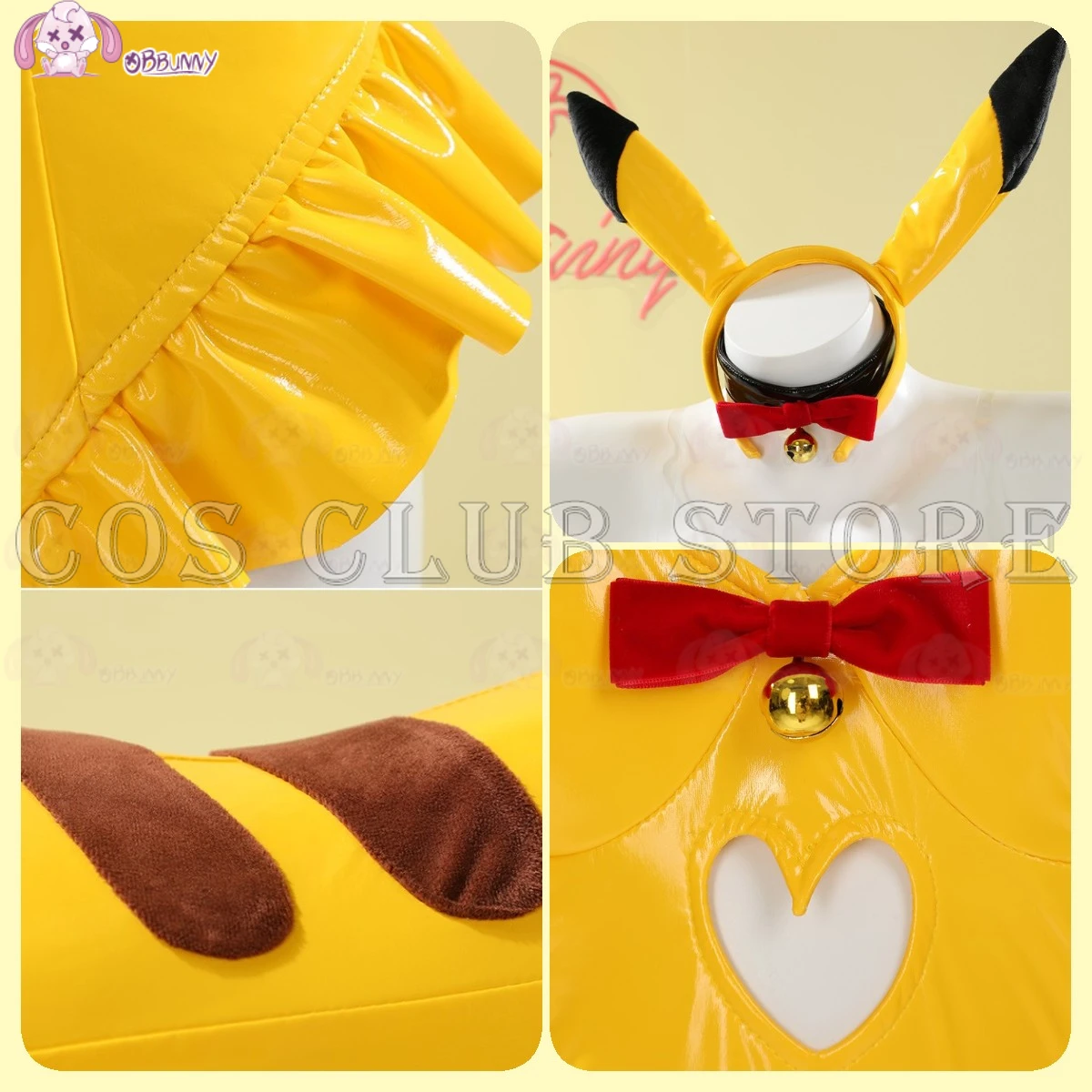 Anime Pi Ka Chu Yellow PU Cosplay Costume Women\'s Dress Bunny Lingerie Cos Bright Leather Tight Yellow Cute Nightclub Halloween