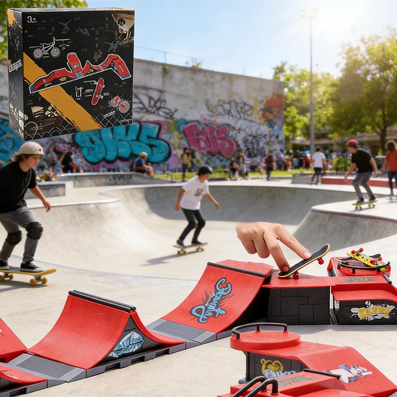 

Полный комплект для фингер-скейтбординга - 1 набор с рампой и рельсами, идеальный подарок для скейтбордистов, классная настольная игрушка и креативный игровой набор.