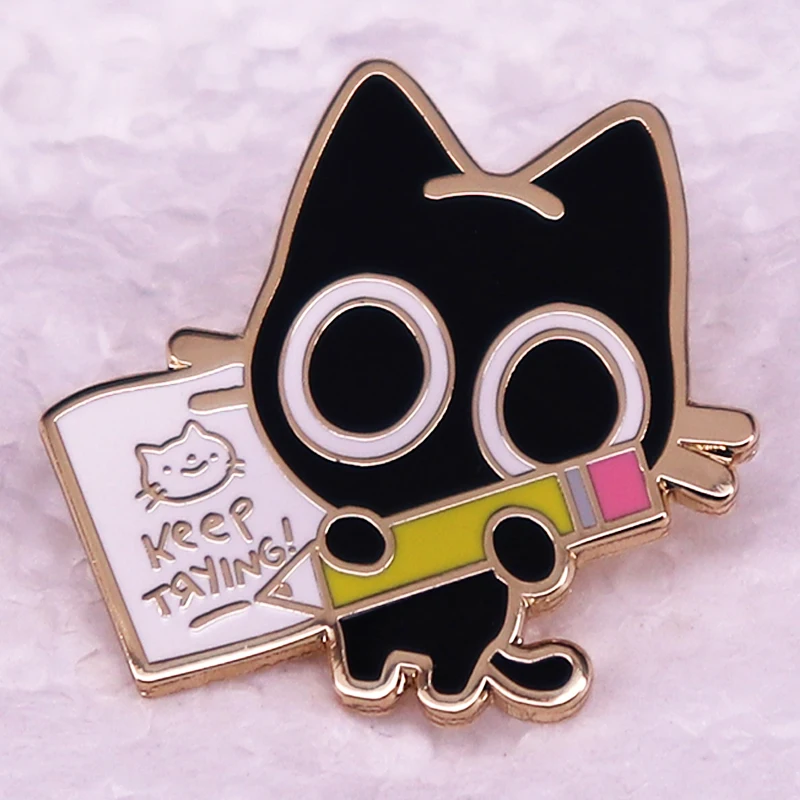 Cartoon Animal Badge Cute Black Cat Keep Trying Enamel Pin Brooch Jewelry Gifts for Friends