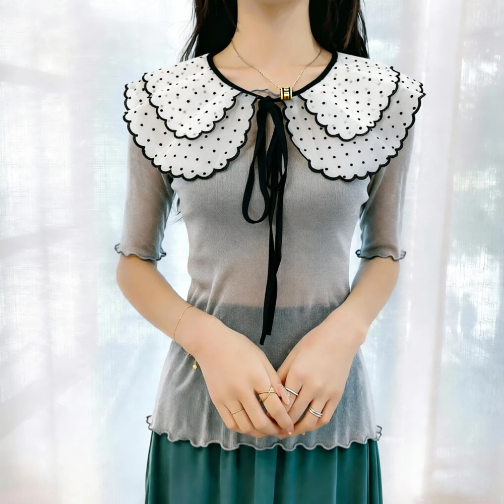 

15 Styles Thin Y2K Silver Shiny T-Shirt Women Transparent Elastic S-2XL Fake Collar Doll Collar Detachable Short Sleeve T Shirt