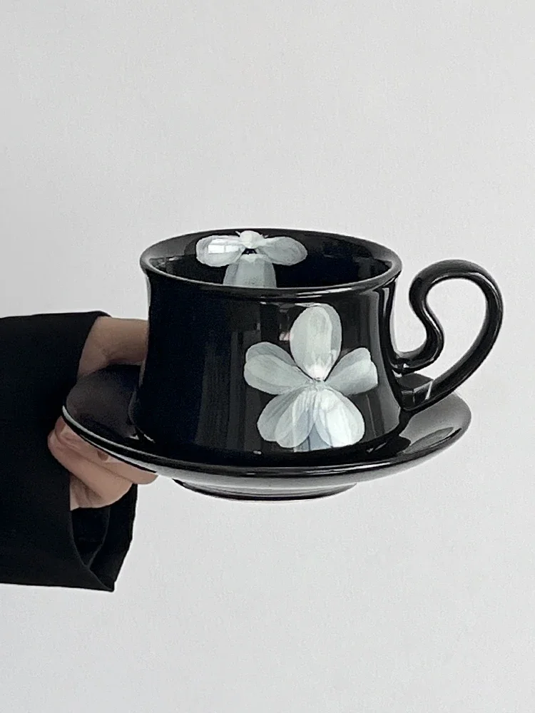 Retro Black Glaze Mist Flower Ceramic Coffee Cup Saucer, Medieval Handmade High Value Afternoon Tea, Niche Gift