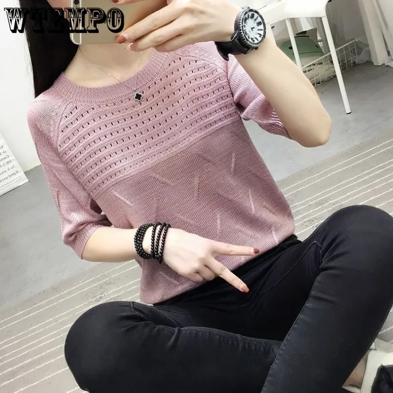 WTEMPO Woman Knit Sweaters Pullover Summer Knitted T-shirt Short-Sleeved Women\'s Loose Hollow Jumper Knitwear