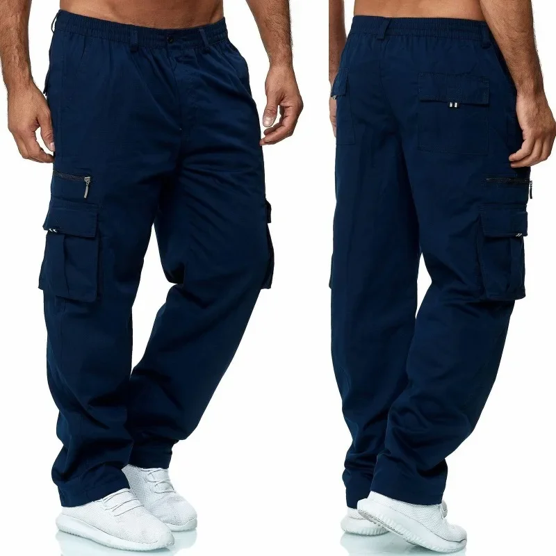 Мужские комбинезоны для спорта и отдыха, свободные прямые брюки с несколькими карманами, однотонные, с эластичным поясом, на пуговицах