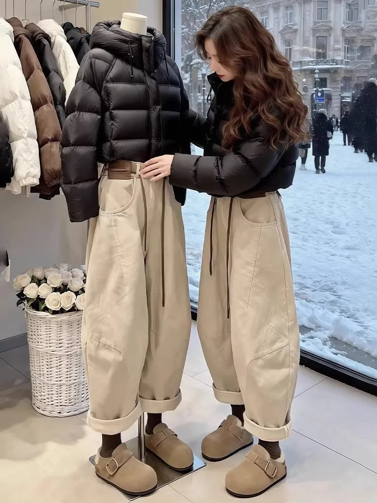 

Khaki Fleece Lined Dad Jeans Women's Winter High Waist Straight Leg Small Size Carrot Pants Harajuku Style Comfortable Fit