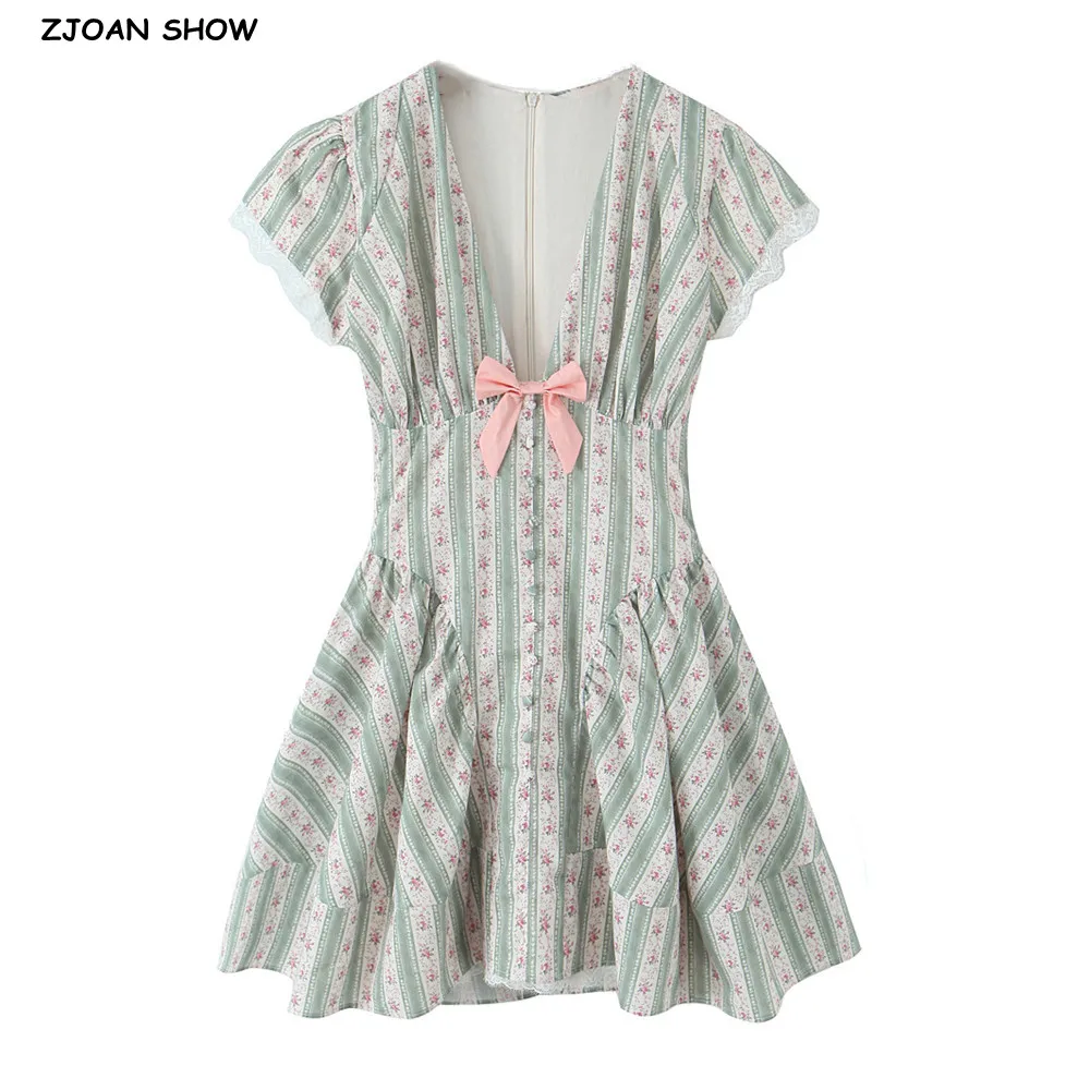 2025 Sexy Floral Striped Bow Deep V Collar Spliced Lace Short Sleeve Dress Women Low Waist Ruched Pleated Hem Swing Dresses Robe