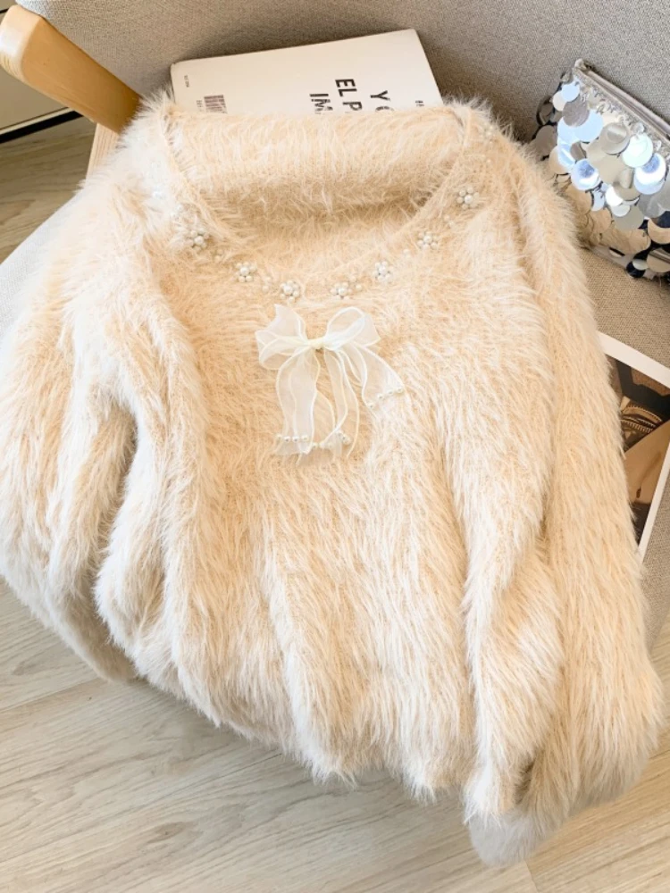 Français Vintage élégant Chic tricot doux pull gilet femmes ample col en v nœud Chic hauts décontracté mode bureau dame pulls en peluche