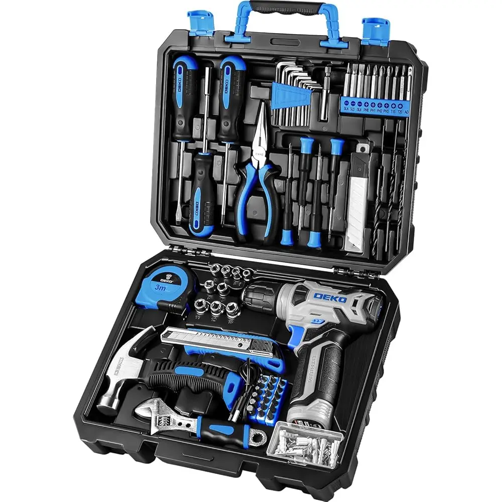 

Drill Set: Tool Set With 8V Blue Cordl Drill, Home Tool Kit With Drill, Hand Tool Kits For Women 126 Piece