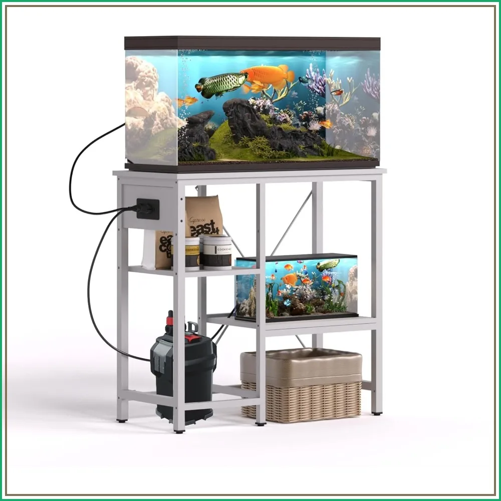 20-29 Gallon Fish Tank Stand with Power Outlet & LED Light, 3 Tier Adjustable Shelves, 30.7" L x 13.8" W, White
