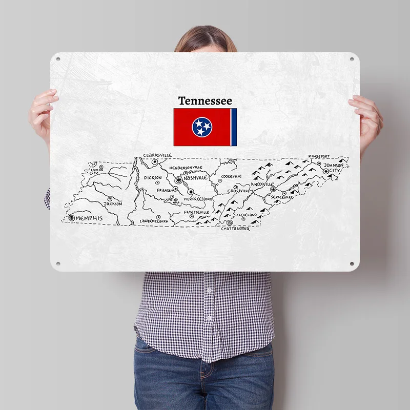 Hand Drawn Map of Tennessee 3D Texture Printed Poster Custom Vintage Metal Tin Plate Sign for Wall Art Home Decor Items Man Cave