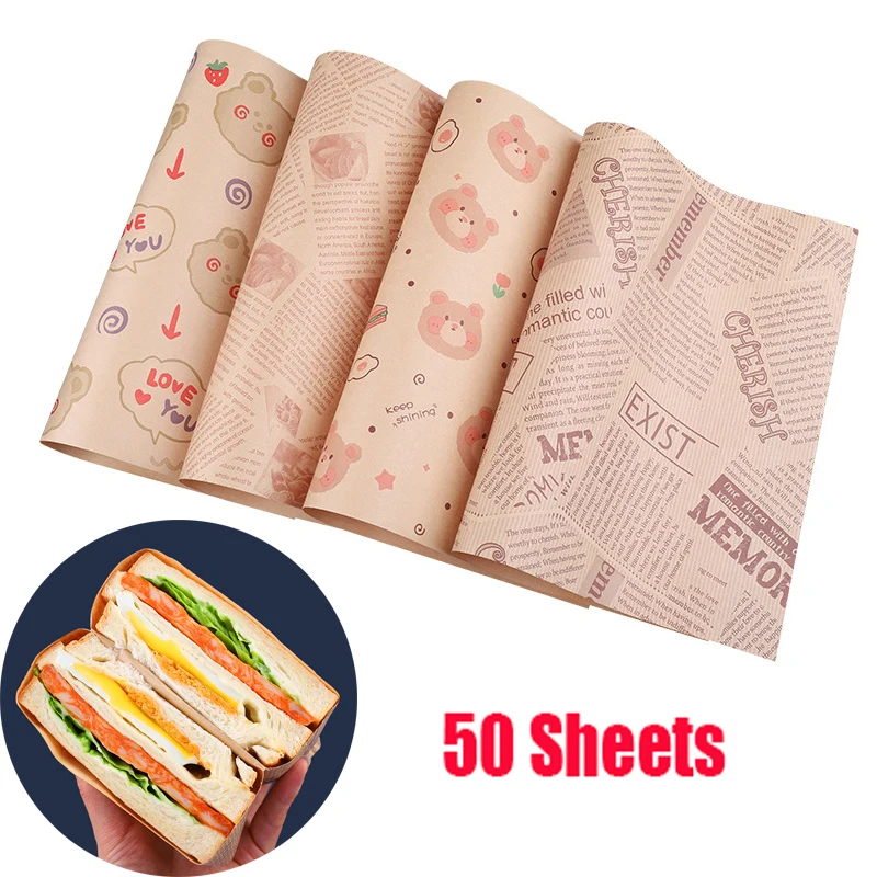 50 Pcs Greaseproof Sandwich Wrapping Paper, Bread Plate Tray Liner Oil-absorbent Baking Paper New