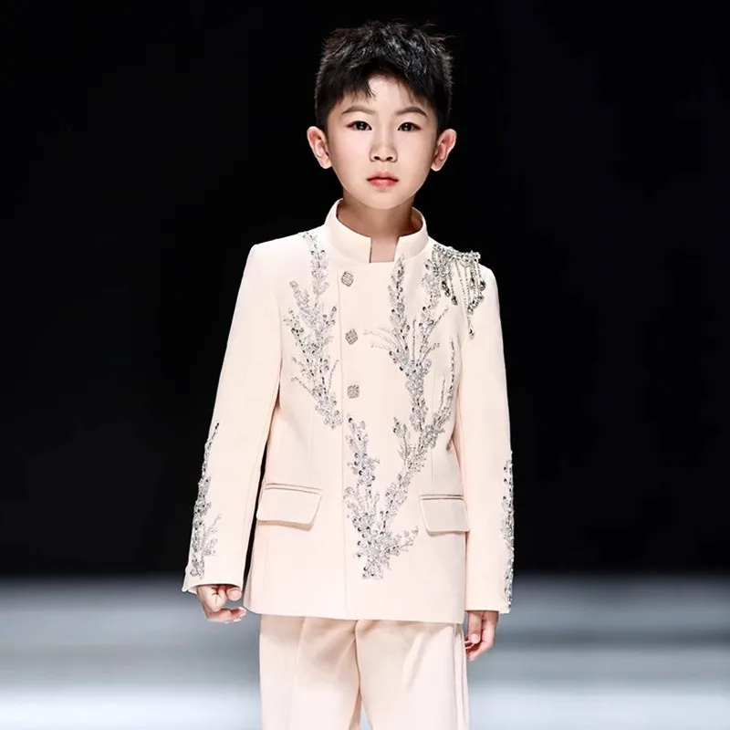 New Handmade Flower Boy Host Piano Performance Blazer Traje De Niño Para Boda Boys Suits A4440 2PCS Children's Costume Sets