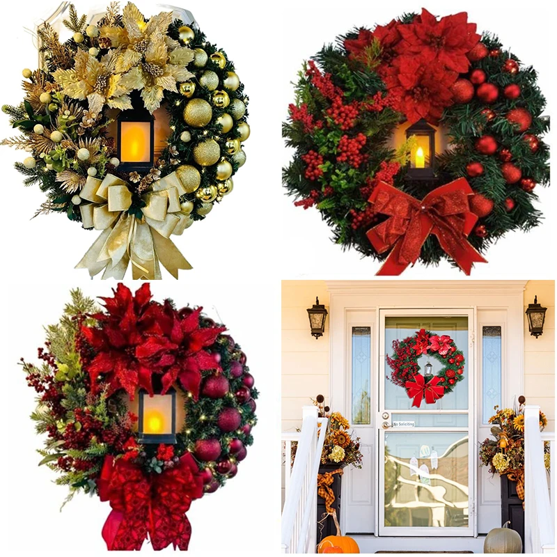 

With Lamp Christmas Wreath Artificial Berry Wall Hanging Bow Ball Big Red Flower Wall Door Window Fireplace Staircase Garden