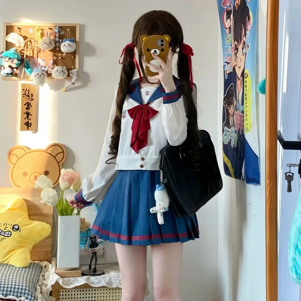 Abito da marinaio in stile giapponese S-XL Uniforme scolastica per ragazze della scuola Blu Bianco Donna Sexy Jk Abito basic Camicetta da marinaio Gonna a pieghe