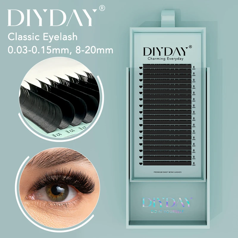 DIYDAY Individual Eyelash Extension Long Length Classic Lashes Extensions Trays Wholesale Matte Black Soft Mink Faux Eyelashes