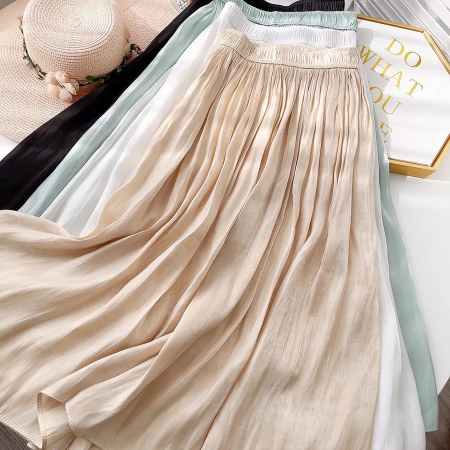 

2022 Summer Women Boho Khaki Long Skirt High Waist Women Pleated Elegant Pink Long Skirt Femme Faldas Jupe Saia