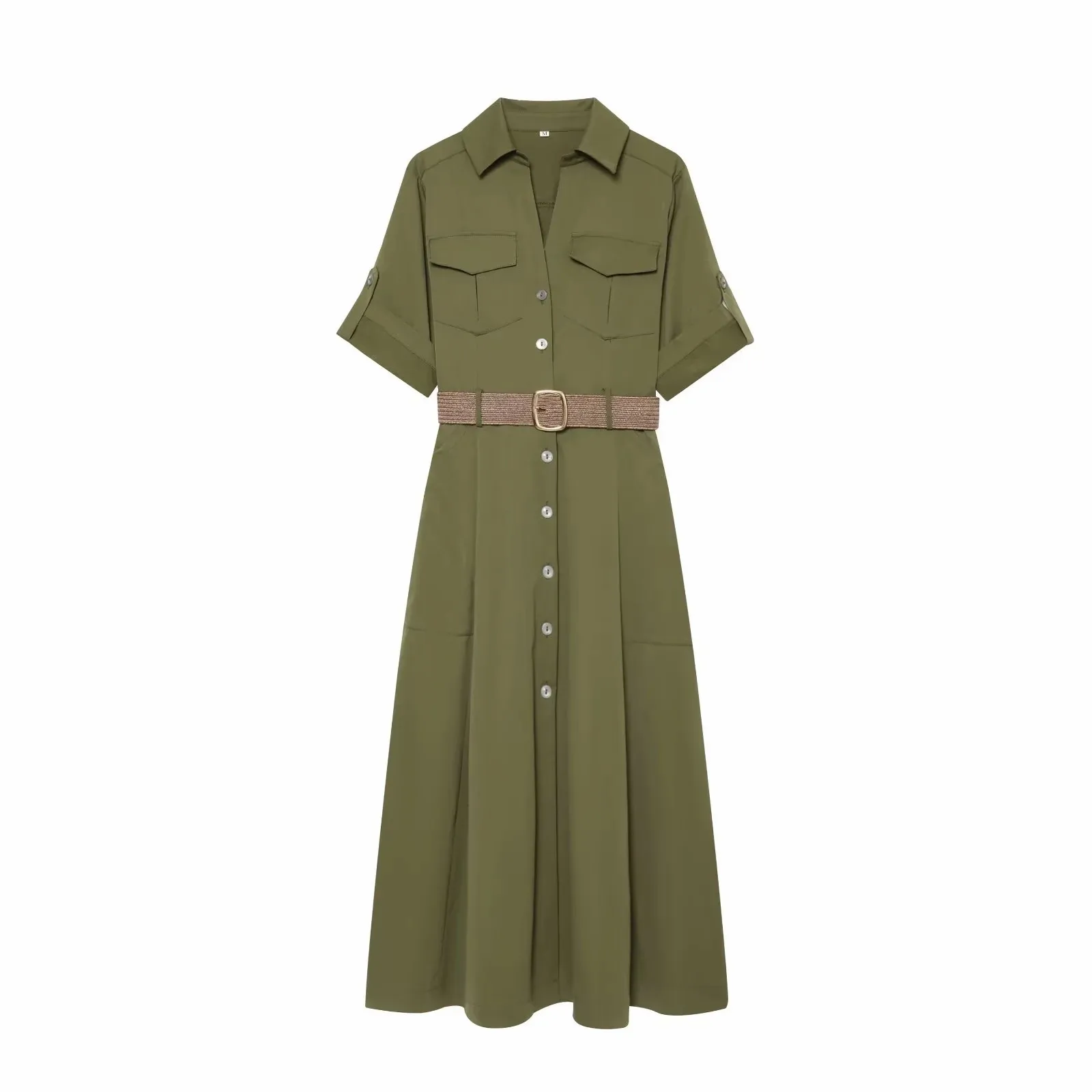 Damen Sommer Hemdkleid Damenmode 2026 Einreihiges Gürtel-Maxikleid Vintage Kurzarm Lässige Damenkleider – Detail 3