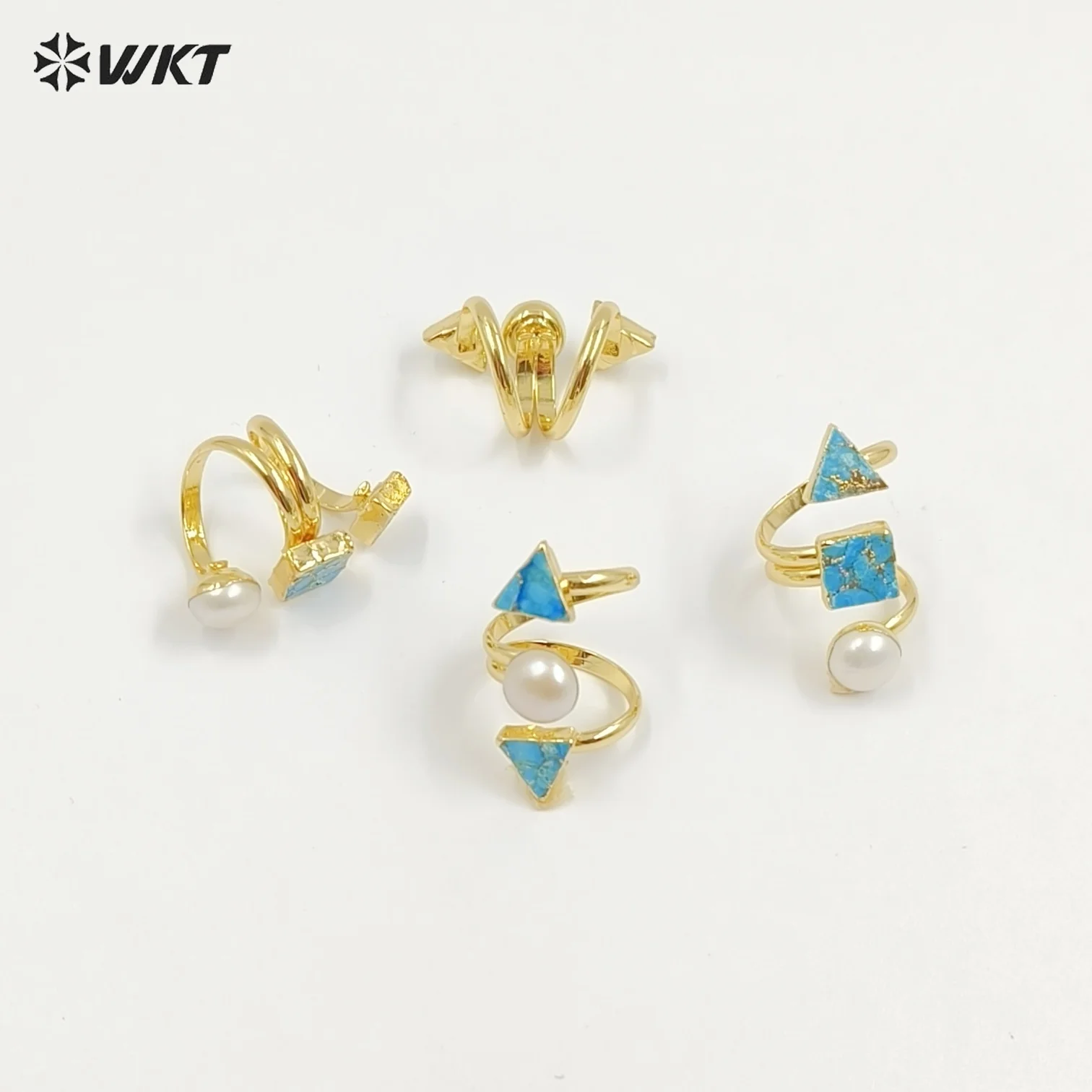 

WT-R437 WKT Exclusive 18K Real Gold Plated Resist Tarnishale Copper Turquoise Stone For Women Adjustable Triple natural Ring