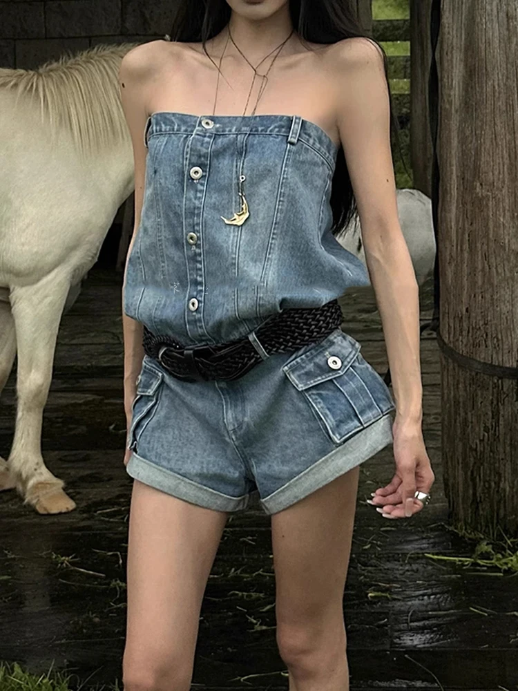Spicy girl versatile rolled edge slimming shorts summer sleeveless single breasted street fashion Y2k jeans jumpsuit