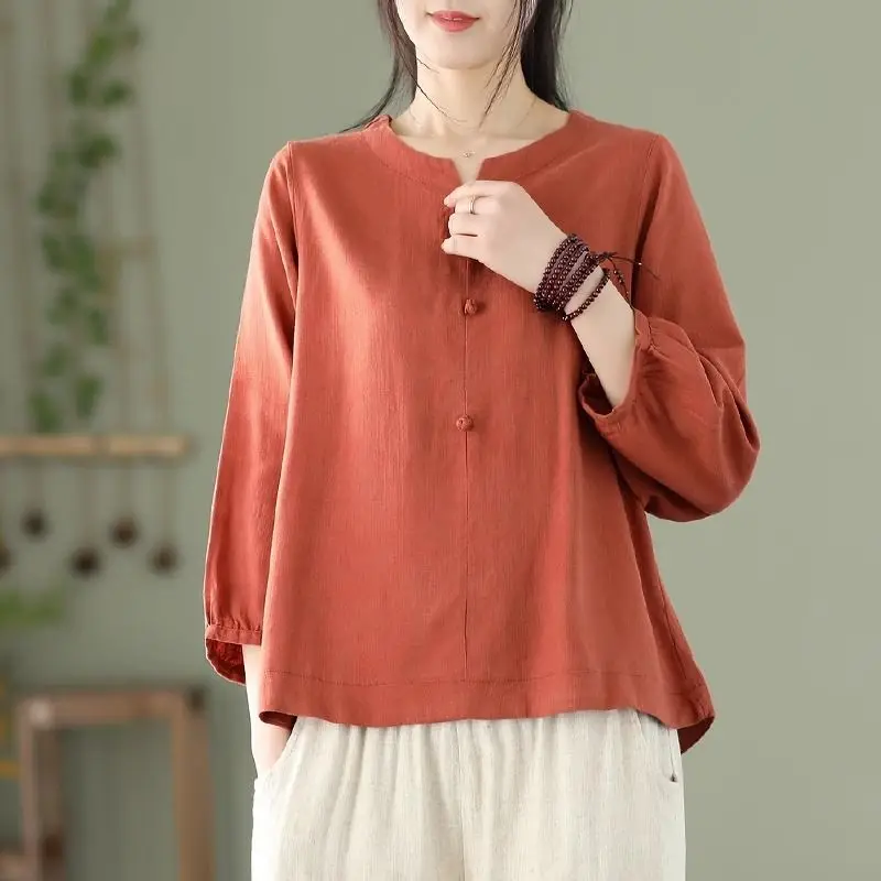 Chinese Style 2024 Summer Women\'s New V-neck Patchwork Button Fashion Solid Color Elegant Comfortable 3/4 Sleeve Blouses Shirts