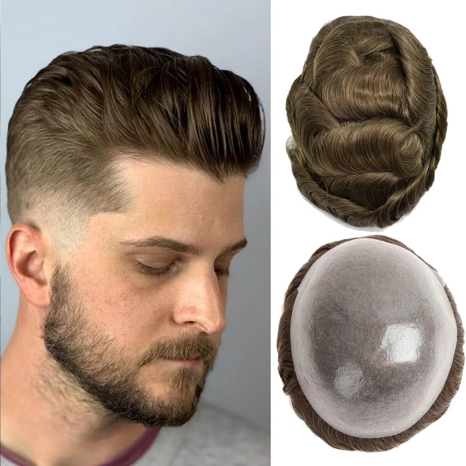 Seraphicwig Mens Toupee Human Hair toupee for men 0.03mm PU Skin toupee Hair Knotless hair replacement system Gents hair piece Wavy hair piece for man 10x8