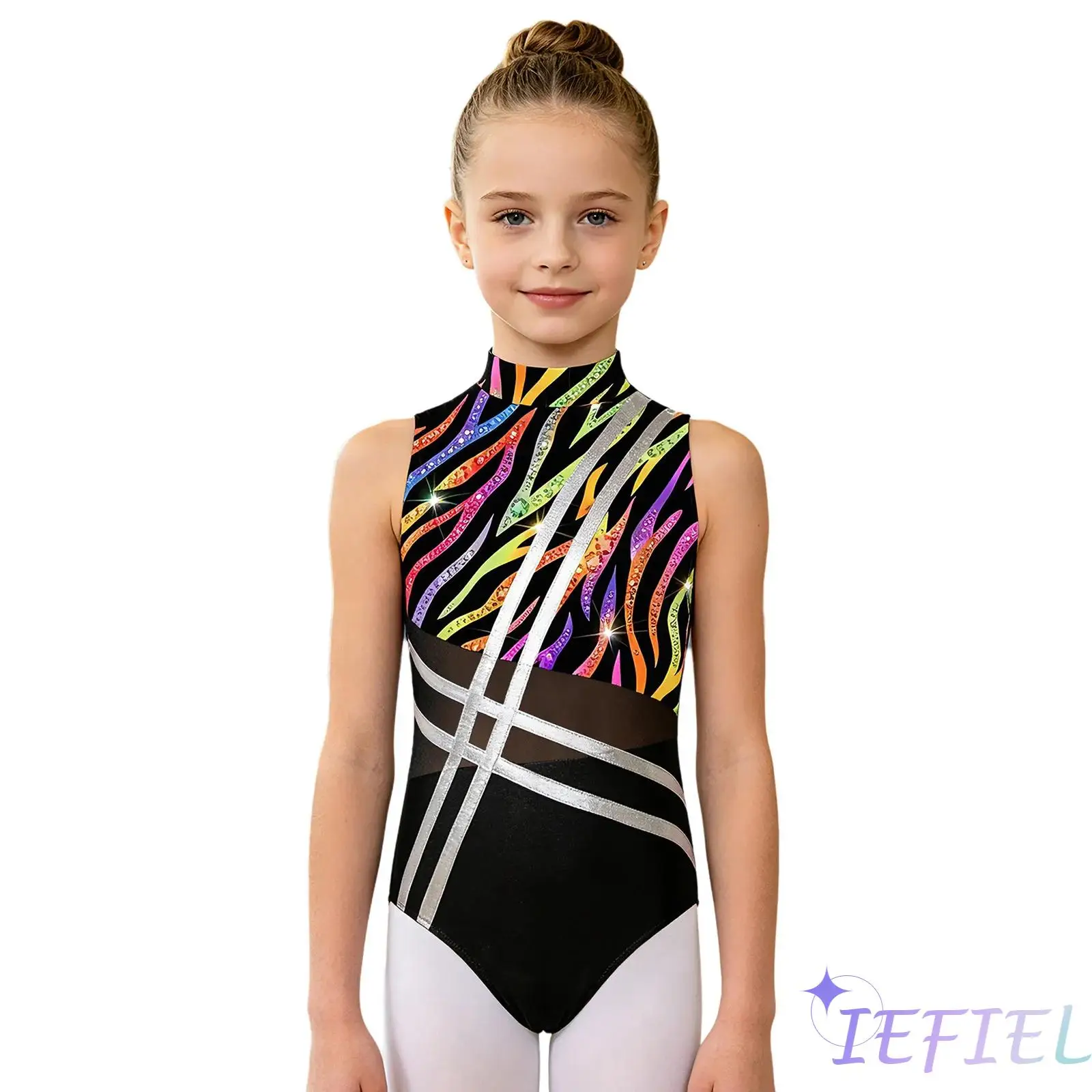 

Girls Figure Ice Skating Dance Unitard Mock Neck Sleeveless Print Leotard Bodysuit for Gym Ballet Dance Training Competitions