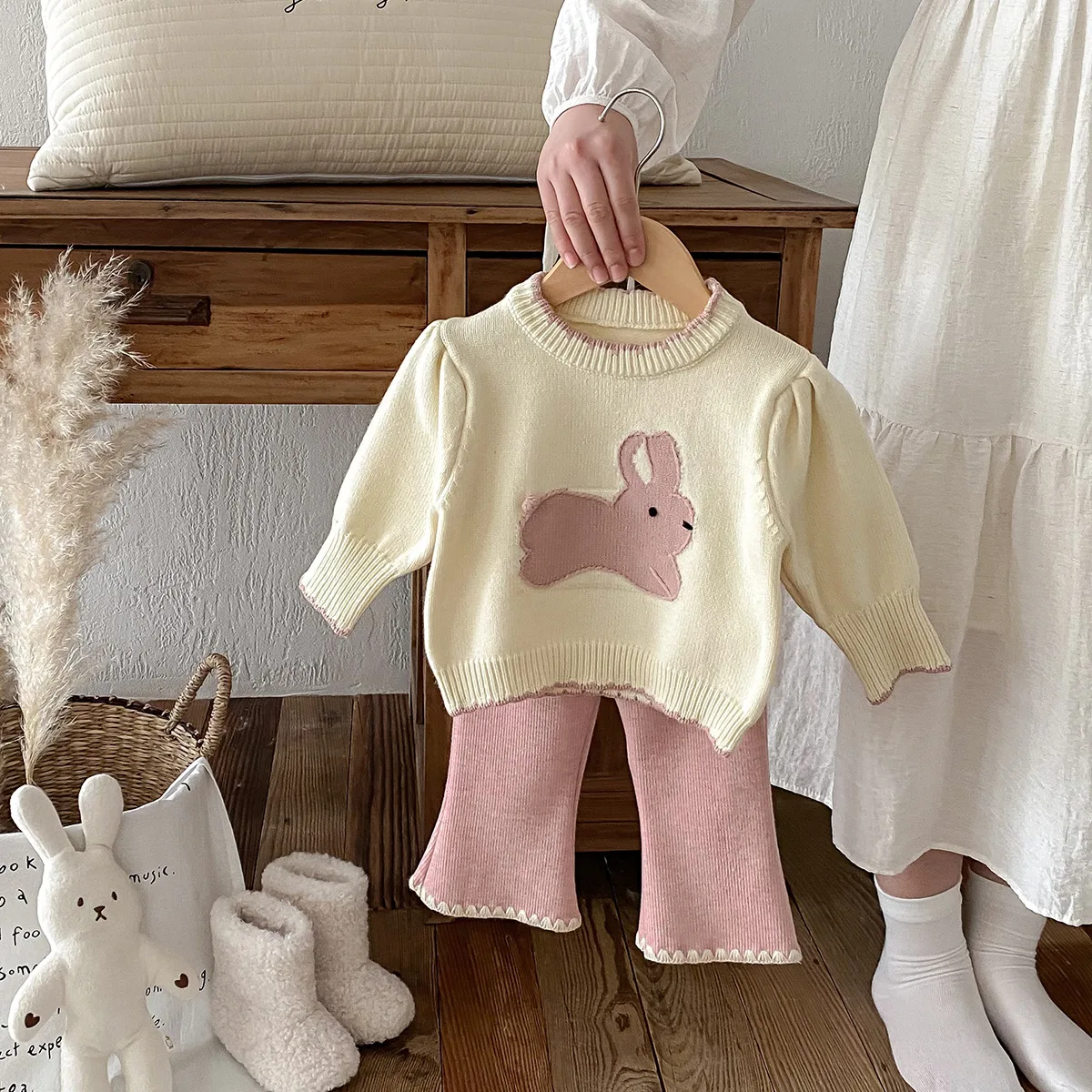 Autumn Winter 2024 Baby Girls 2PCS Knitwears Set Cotton Knitted Rabbit Sweaters Stretch Pants Suit Toddler Girls Outfits