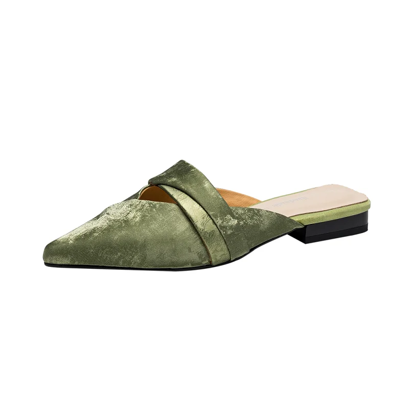 

Женская обувь, весенняя простая обувь, элегантные полутапочки, туфли на плоской подошве с острым носком для девочек, шелковые кожаные зеленые, синие сабо, летние повседневные сандалии