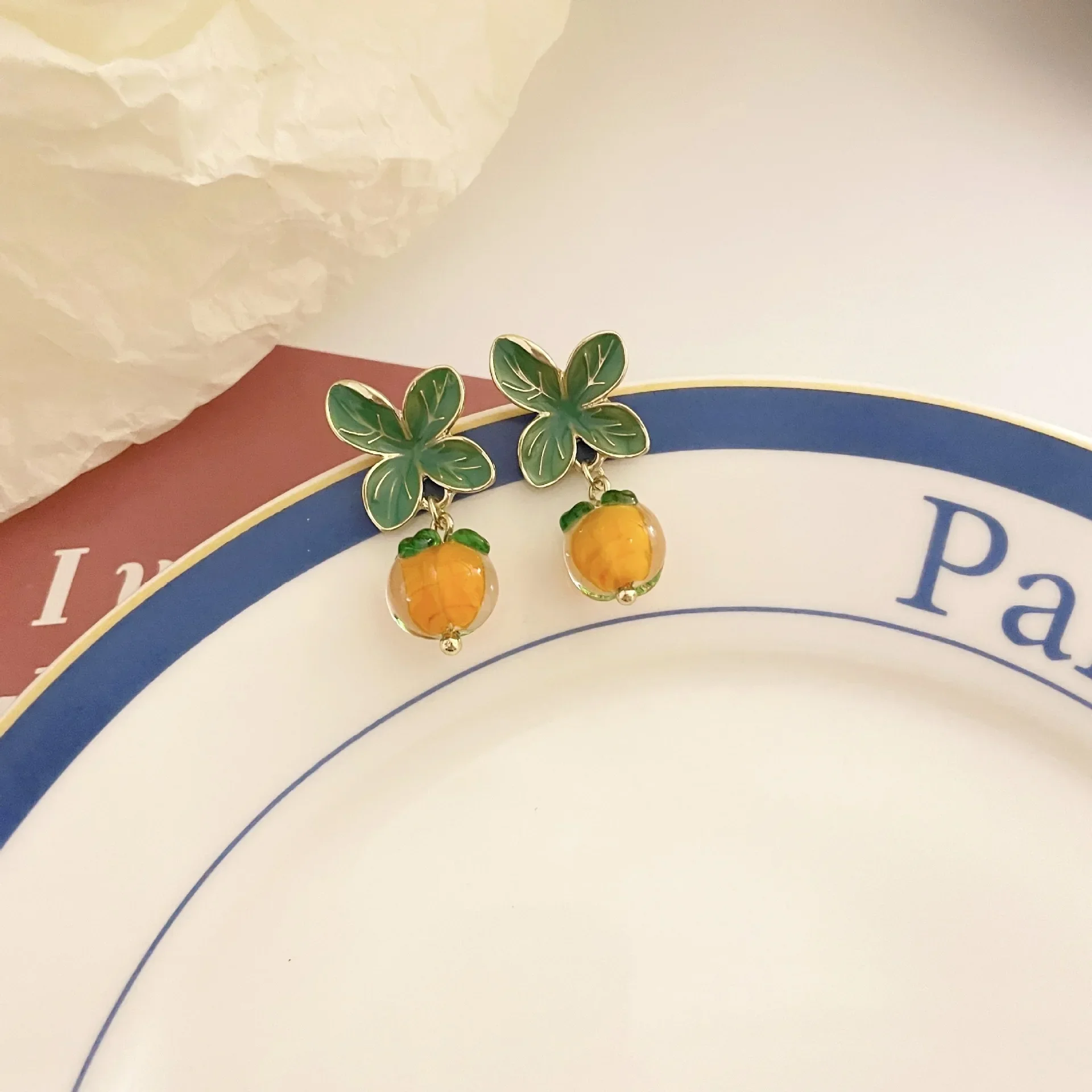 اليابانية Yuanqi فتاة البرتقال الزجاج الأذن كليب الملحقات الزجاج البرسيمون أقراط الرجعية لا ثقب الأذن قرط كبس #2