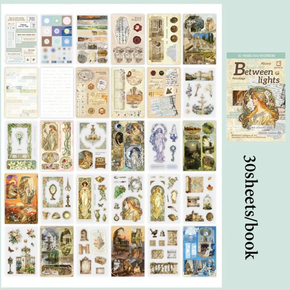 30 Sheets Between Lights Series Sticker Book Vintage Aesthetic Journal Scrapbook Collage Decor DIY Stationery Stickers