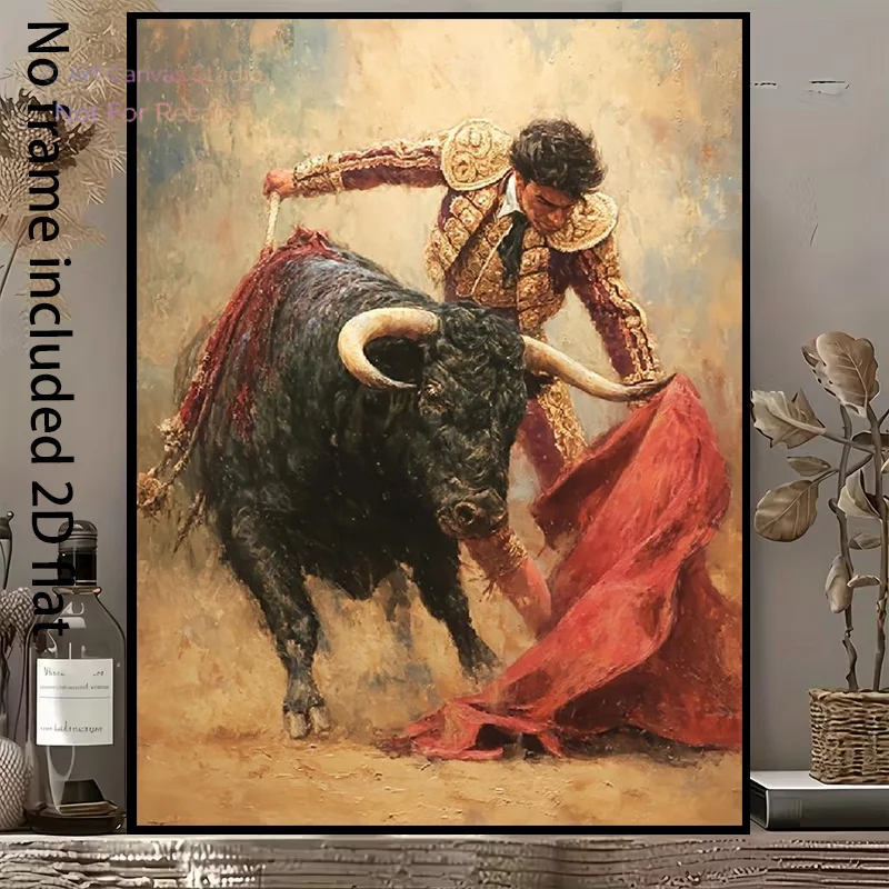 2D Flat, 2D Flat, A 2D Flat Canvas Painting Featuring a Bullfighter Waving a Red Cloth, Facing Off Against a Black Bull, Pres