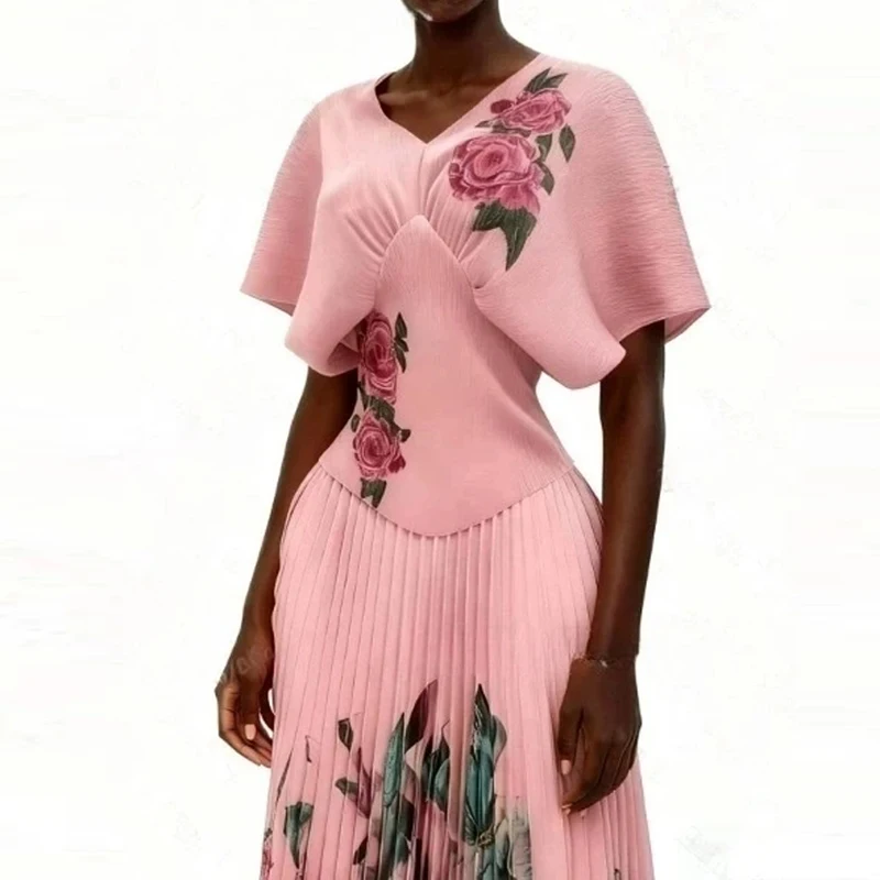 

Женский комплект из топа с V-образным вырезом и юбки, весенний, с цветочным принтом, приталенный, офисный костюм, элегантный плиссированный наряд для отдыха