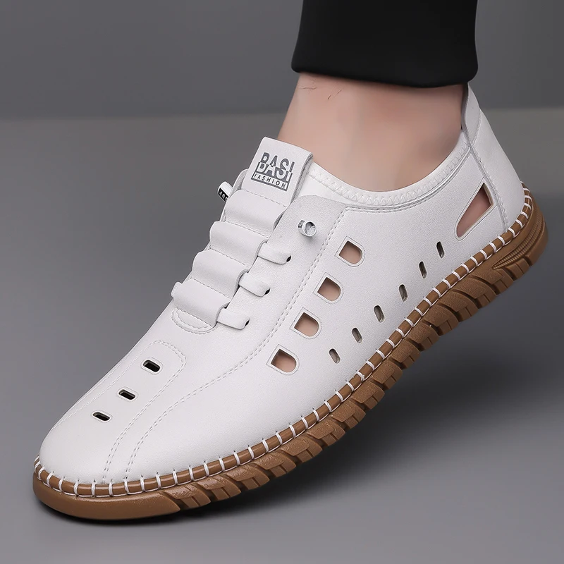 Men's Comfortable Hollow Slip-on Loafers, Breathable Anti-slip Soft Sole Outdoor Driving Shoes-WC2516