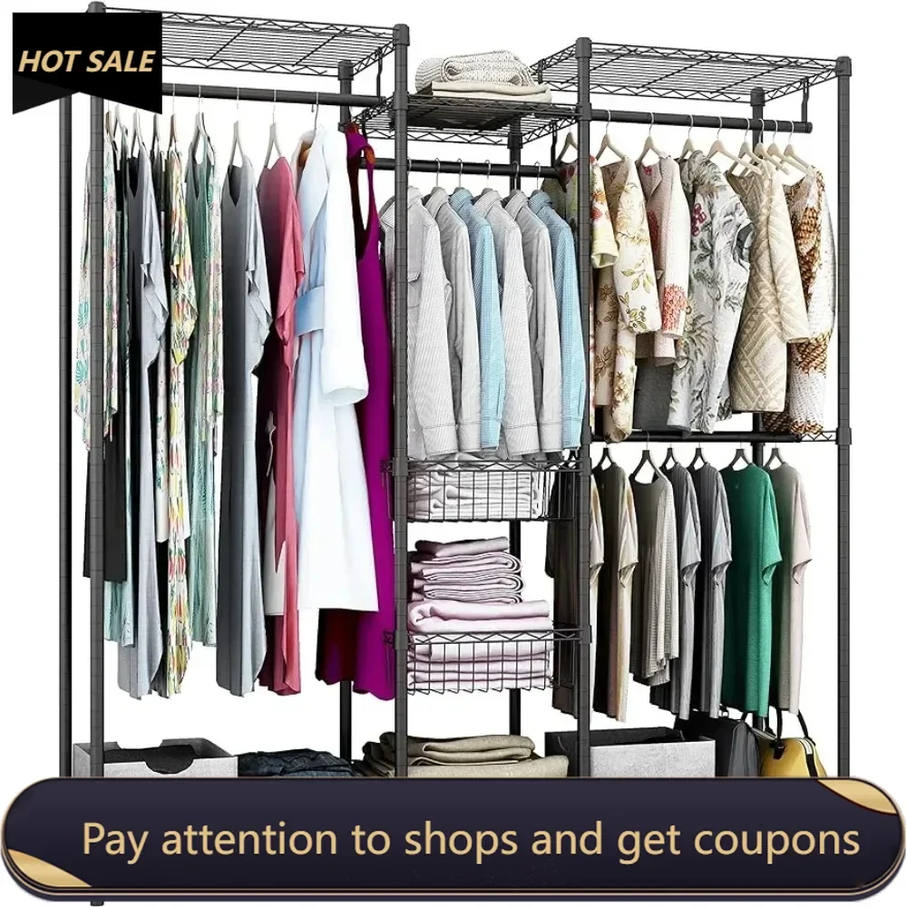 

Metal Clothing Rack With Hanging Rod Wardrobe Clothing Storage Organizer Adjustable Shelf and Fixed Baskets Bedroom Furniture