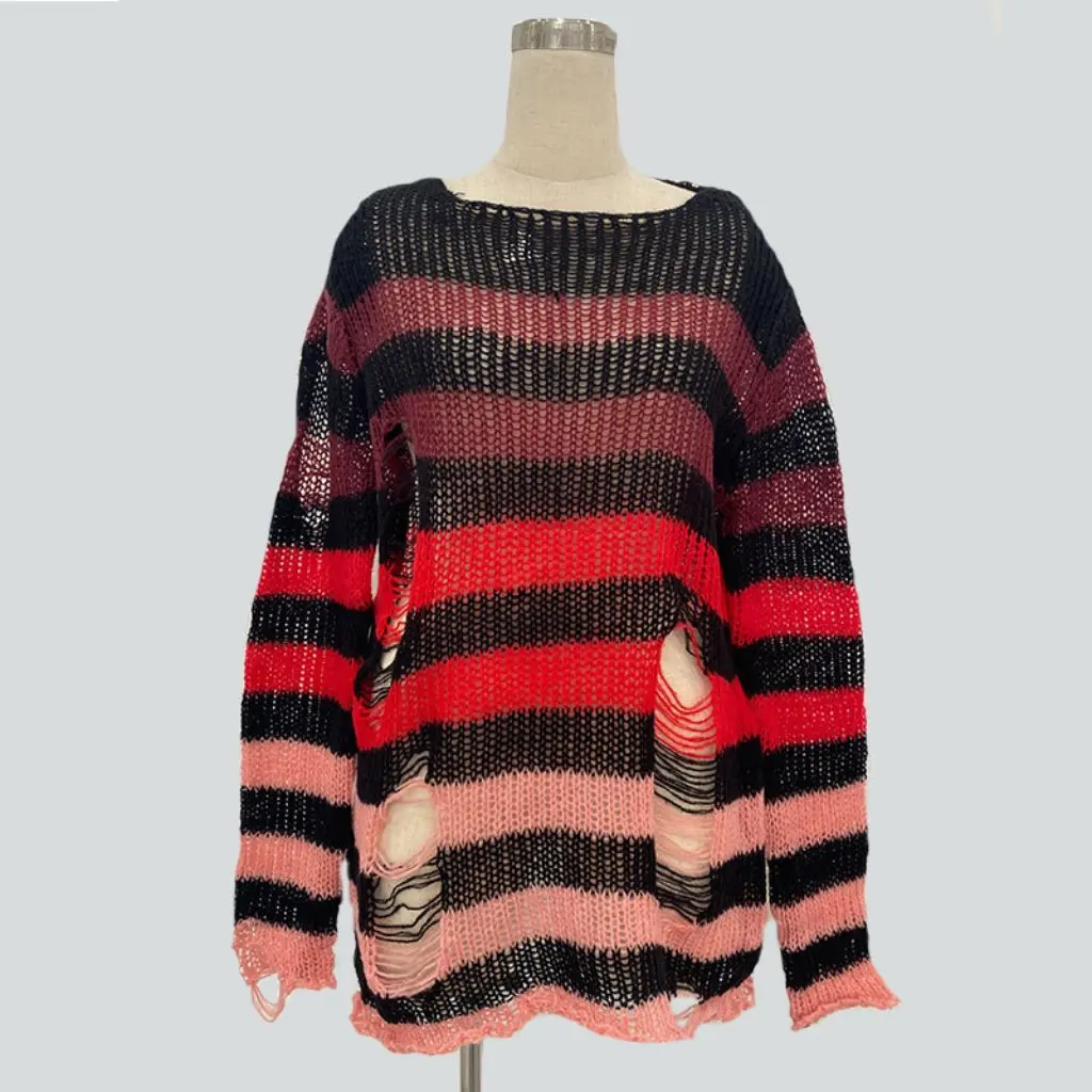 

Women's Punk Lazy Mohair Ripped Rainbow Gradient Stripe Mid-Length Sweater Loose Fit Fashionable Casual Knitwear
