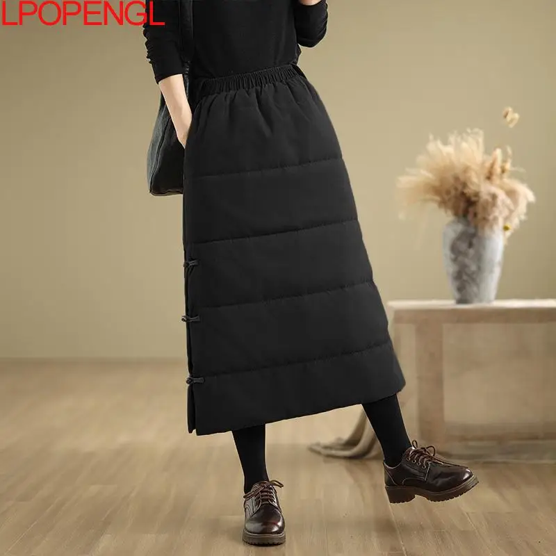 Fashion Solid Color Woman 2024 Winter Literary Jacket Vintage Warm Skirt Versatile A-line Straight Elastic Waist Mid-calf Skirt