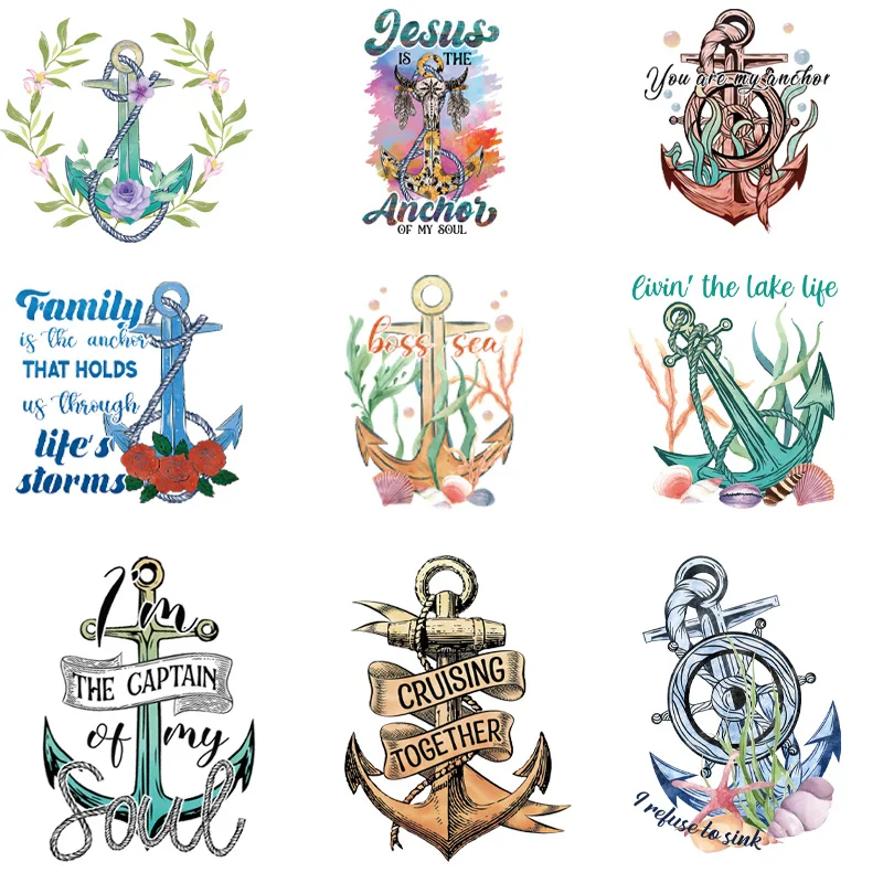 9piece  ship's anchor Patches On Clothes DIY A-levels Iron On Transfer For Clothing Funny Design Heat Sticker On T-shirt